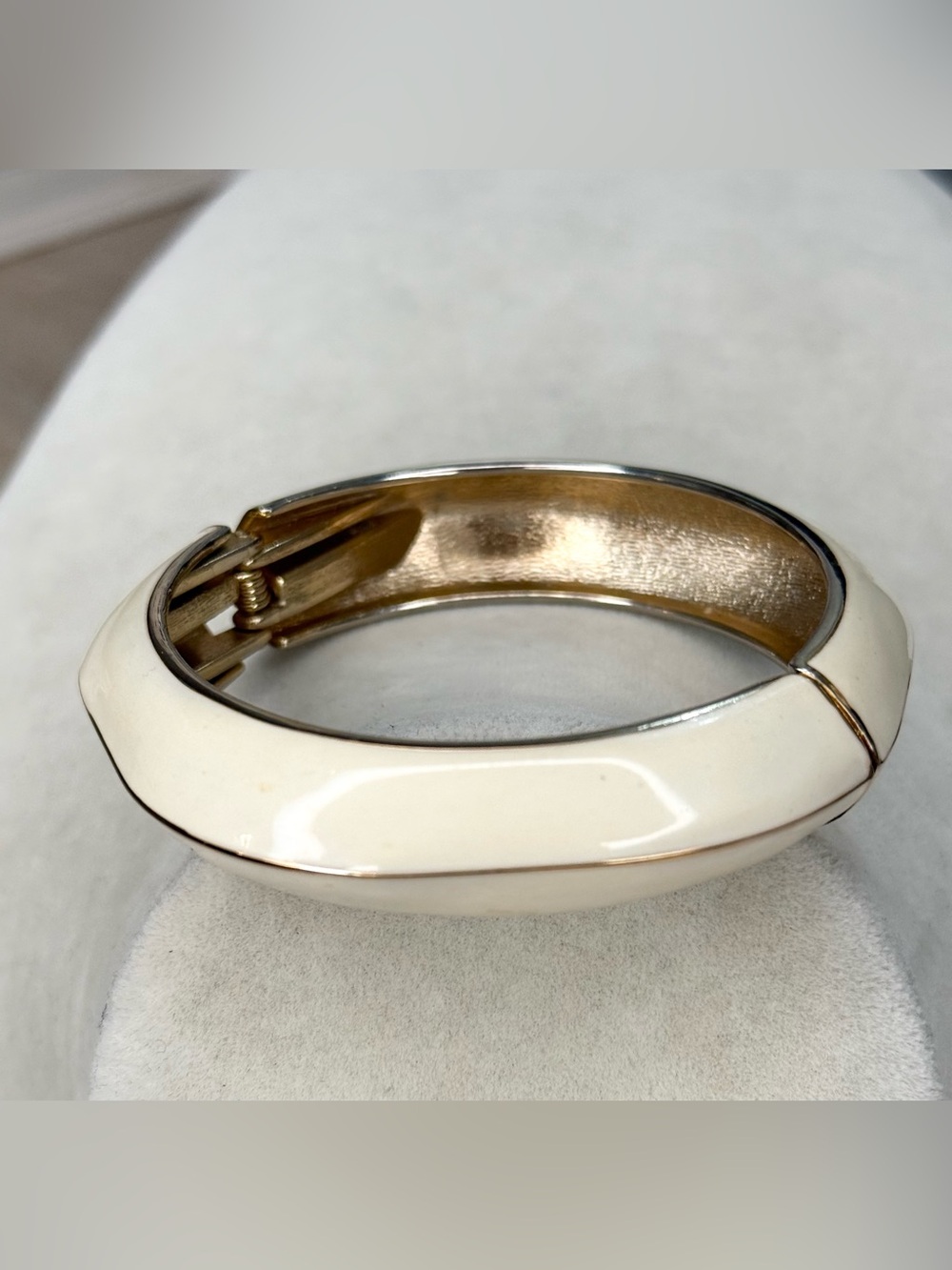 Ivory Enamel Hinged Bangle Bracelet Gold Tone Geometric 3” Statement Cuff